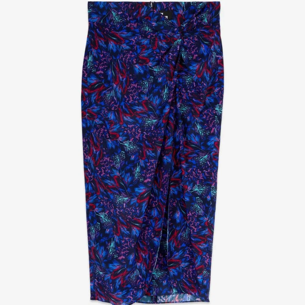 The Kooples Silk Blue Feather Print Midi Skirt with Twist Womens EU 3 US 8
